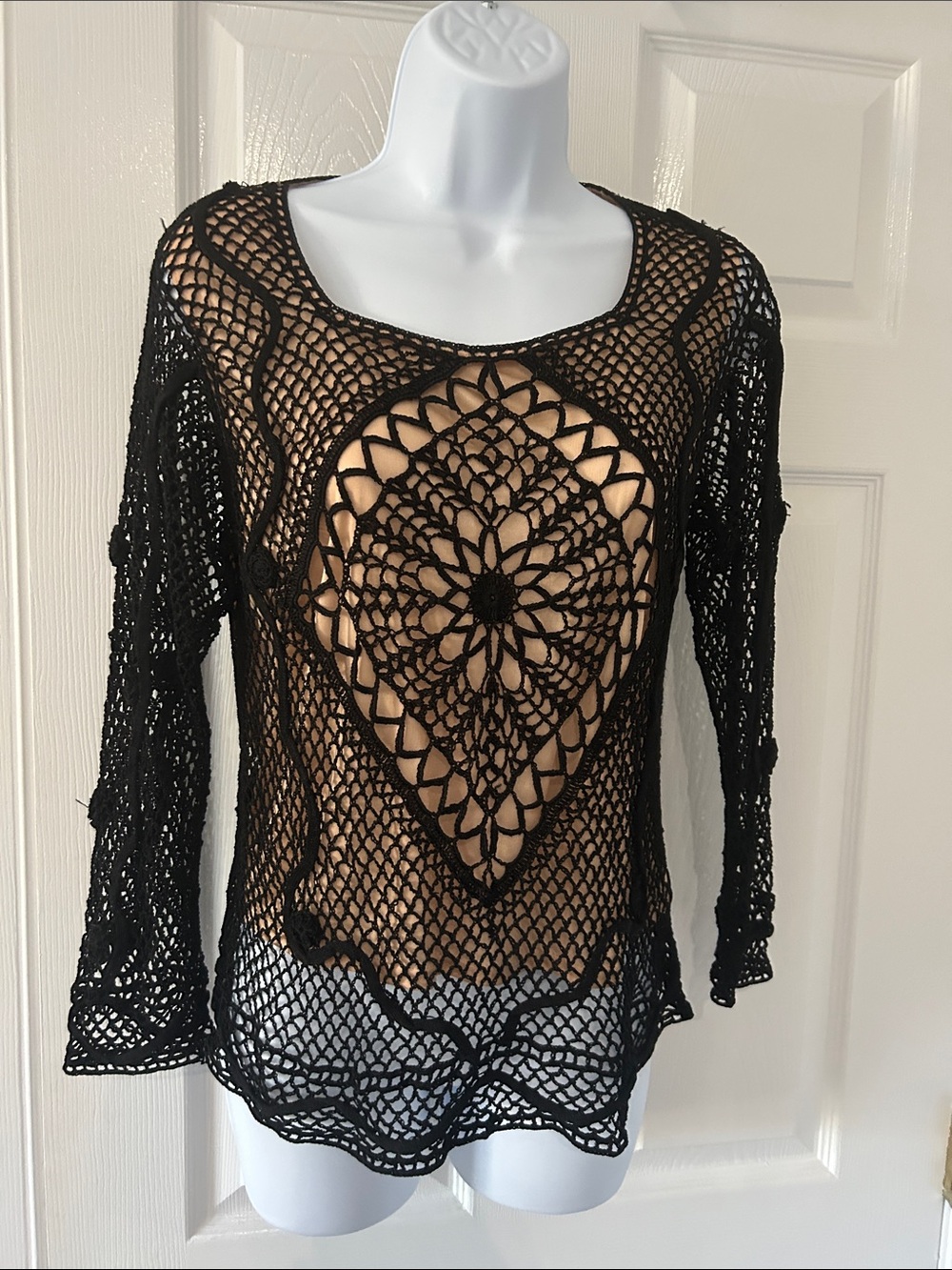 Black Crochet Tunic Top with Central Medallion - Unbranded
